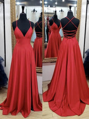 A Line V Neck Backless Red Long Prom, Backless Red Fromal, Red Evening