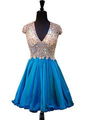 A-line V-neck Beaded Crystals Backless Blue Homecoming Dress