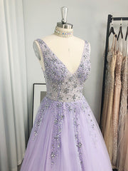 A-line V-neck Beading Floor-Length Tulle Dress