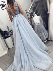 A Line V Neck Blue Beaded Long Prom Dresses, Blue Beaded Long Formal Evening Dresses