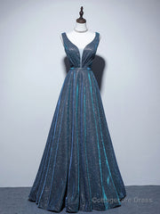 A-line V Neck Blue Long Prom Dress, Blue Formal Dresses