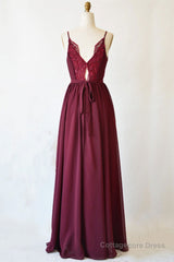 A Line V Neck Burgundy Long Prom Dress with Lace Back, V Neck Burgundy Formal Evening Dress, Burgundy Bridesmaid Dress