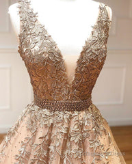 A Line V Neck Champagne Lace Prom Dresses, V Neck Champagne Lace Formal Graduation Evening Dresses