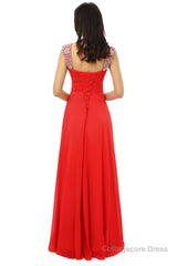 A-line V Neck Chiffon Long Red Prom Dresses