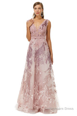 A-line V-neck Lace Beaded Applique Floor-length Sleeveless Prom Dresses