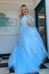 A line V Neck Lace Tulle Prom Dress with Beading and Feather