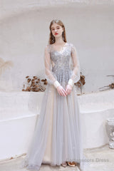 A Line V-Neck Long Sleeve Beading Tulle Court Train Prom Dresses