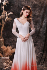 A Line V-Neck Long Sleeve Ombre Silk Like Satin Sweep Train Prom Dresses