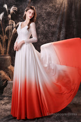 A Line V-Neck Long Sleeve Ombre Silk Like Satin Sweep Train Prom Dresses