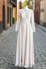 A-Line V-Neck Long Sleeves Long Chiffon Bridesmaid Dresses With Split Side Pockets