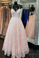 A Line V Neck Open Back Pink Lace Long Prom Dress, Pink Lace Formal Graduation Evening Dress