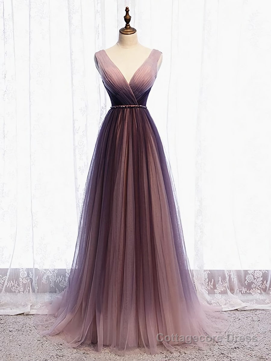 A Line V Neck Purple Ombre Prom Dresses, V Neck Purple Ombre Formal Evening Bridesmaid Dresses