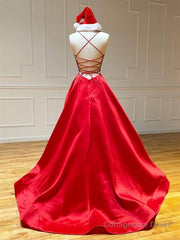 A Line V Neck Red Backless Prom Dresses, Red Backless Long Formal Evening Graduation Dresses