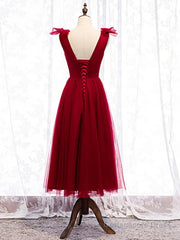 A Line V Neck Red Tea Length Prom Dress with Corset Back, Red Tea Length Formal Graduation Dresses