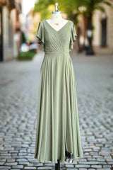 A-line V-neck Ruffle Sleeves Pleats Chiffon Bridesmaid Dress with Ruffles