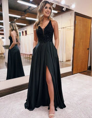 A-Line V-Neck Satin Prom Dress with Slit