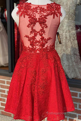 A Line V Neck Short Red Lace Prom Dress, Red Lace Formal Graduation Homecoming Dress