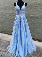 A Line V Neck Sky Blue Lace Prom Dresses, Light Blue Lace Formal Evening Dresses