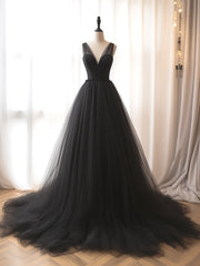 A-Line V Neck Tulle Black Long Prom Dress, Black Long Formal Dress