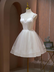 A Line v neck tulle Short Beige Prom Dresses, Cute Puffy Beige Homecoming Dresses With Beading