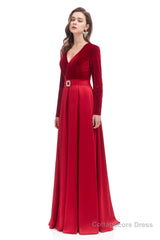 A-line V Neck Velvet Long Prom Dresses