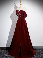 A-Line Velvet Burgundy Long Prom Dress, Burgundy Long Formal Dress