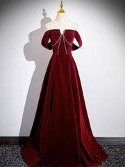 A-Line Velvet Burgundy Long Prom Dress, Burgundy Long Formal Dress