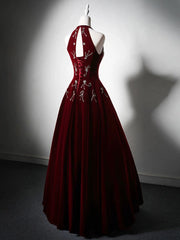 A-Line Velvet Sequin Beads Burgundy Long Prom Dress, Burgundy Long Formal Dress