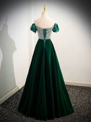 A-Line Velvet Sequin Beads Green Long Prom Dress, Green Velvet Long Formal Dress