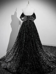 A-Line Velvet Sequin Long Black Prom Dress, Black Long Evening Dress