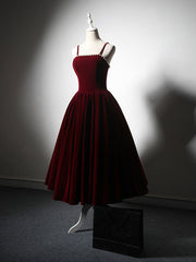 A-Line Velvet Tea Length Burgundy Prom Dress, Burgundy Cocktail Dress