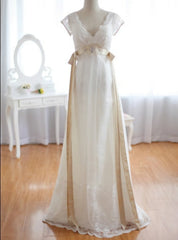 A-Line White Lace Deep V-neck Backless High Waist Wedding Dress