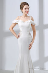 A-Line White Satin Short Sleeve Off the Shoulder Prom Dresses