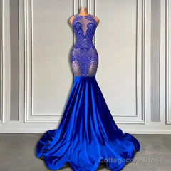 Sleeveless Royal Blue Scoop Neck Mermaid Prom Dress with Beadings