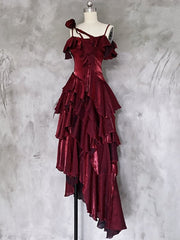 Red Shimmer Asymmetrical Layered Flounce Spaghetti Strap Dress Evening Gown