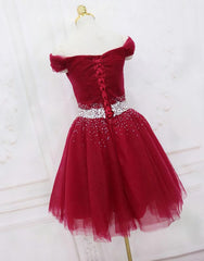 Adorable Dark Red Homecoming Dress , Tulle Off the Shoulder Party Dress