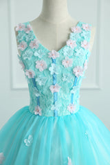 Adorable Light Blue Tulle with Flowers Floor Length Ball Gown Formal Dress, Blue Sweet 16 Dresses