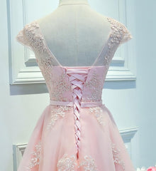 Adorable Pink Knee Length Party Dress, Lace Applique Cute Homecoming Dress