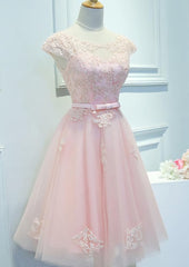 Adorable Pink Knee Length Party Dress, Lace Applique Cute Homecoming Dress