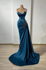 Dark Blue Strapless Pleated Beaded Prom Dress