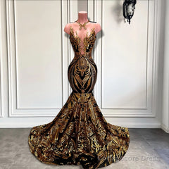 Long Sleeveless Mermaid Prom Dress with Gold Sequins