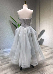 A line Tea Length Gray Prom Dress, Gray Tulle Homecoming Dress