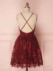 Aline v neck tulle lace short burgundy prom dresses, backless burgundy homecoming dress