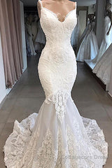 Amazing Long Mermaid Appliques Tulle Backless Wedding Dress