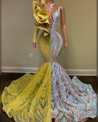 Amazing V-Neck One Shoulder Long Sleeve Long Mermaid Prom Dress