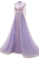 Arabic Purple Elegant A Line Beaded Tassel Luxury Dubai Evening Dresses Gowns For Women