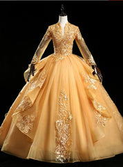 Available In Sizes 0-24 Gold Ball Gown Tulle Appliques Long Sleeve Backless Quinceanera Dress