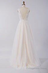 Awesome Long A-line Appliques Lace Tulle Open Back Wedding Dress