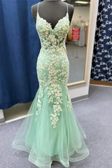 Sage Green Spaghetti Straps Mermaid Prom Dress With Appliques