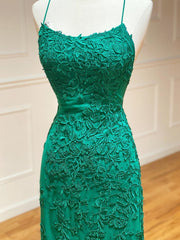 Backless Green Mermaid Lace Prom Dresses, Open Back Green Lace Mermaid Formal Evening Dresses